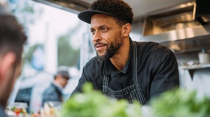 Multiracial people ordering food at counter in food truck outdoor - Soft focus on chef man face, no logos, no brands