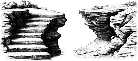 Vintage hand drawn stone ramp path and wind carved outcrop illustration for retro design