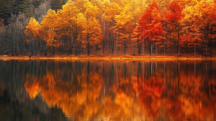 Obraz premium Autumn trees reflected in a calm lake.