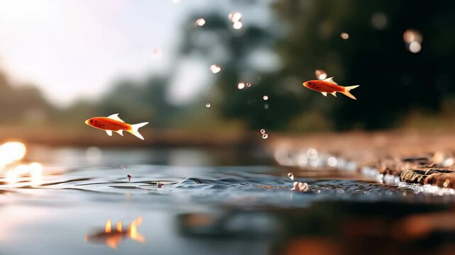 Goldfish water splash outdoor nature jumping reflection sunlight summer motion as two small orange fish leap joyfully above calm river, creating splashes and droplets natural outdoor pond with