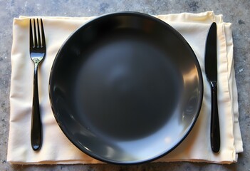 Matte Black Plate with Fork and Knife on Beige Linen Napkin – Minimalist Table Setting on Grey Textured Surface

