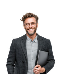 Professional man smiling with laptop portrait isolated on transparent background