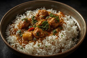 Delicious chicken curry served over fluffy white basmati rice in a rustic bowl