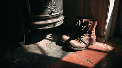 Worn leather boots by rustic stove