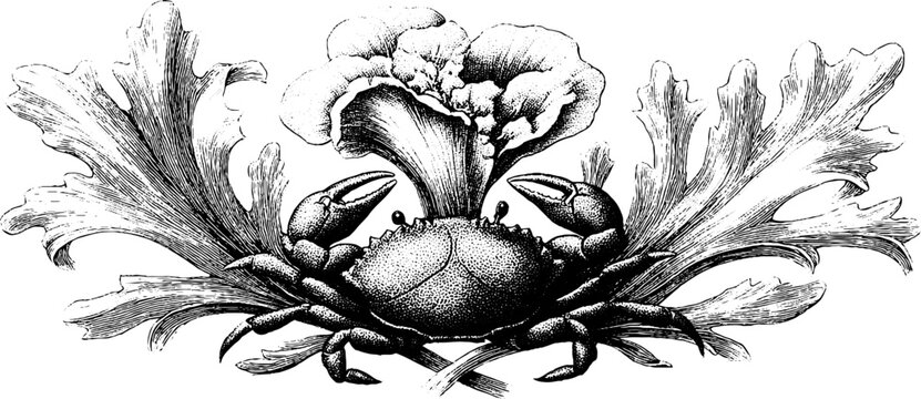 Vintage sketch of tidepool crab with barnacle and kelp for nautical designs