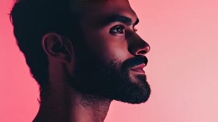 An actor beautifully crafted laughing joyfully, capturing a moment of authenticity. Pink background,