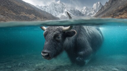 Yak submerged in clear water with mountains in background wildlife scene