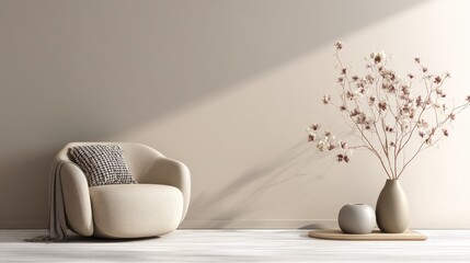 Modern cozy interior with soft beige wall, rounded armchair, plaid cushion, throw blanket, and decorative vases with dried flowers, ideal for mockups, decor ads, and design showcases