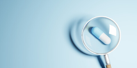 Magnifying glass looking at a pill symbol. Positive thinking mindset or healthcare insurance symbol concept. Business for profit, benefit, development and growth concepts, copy space. 3d rendering