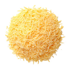 Fototapeta premium Close up photo of a pile of finely shredded cheddar cheese, showcasing its vibrant yellow color and texture