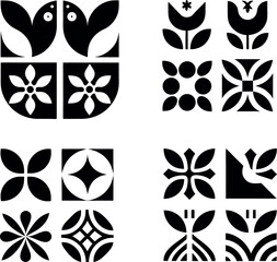 Black and white floral elements with butterflies in decorative vector set