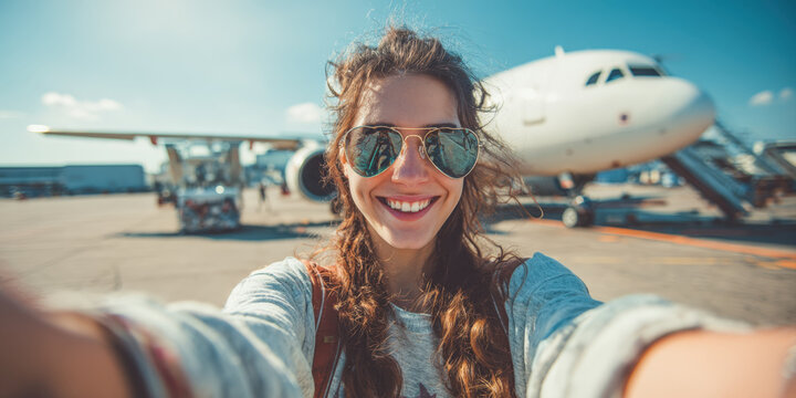 A young woman with a beaming smile captures a cheerful selfie at the airport, a large passenger airplane visible in the background, symbolizing thrill of travel and anticipation of new destinations