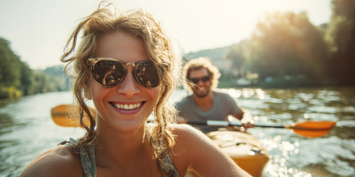 A cheerful duo, a woman and a man, are seen in a bright yellow kayak on sparkling water, holding paddles and smiling towards the camera. The scene captures the joy of outdoor activities, summer fun - Powered by Adobe