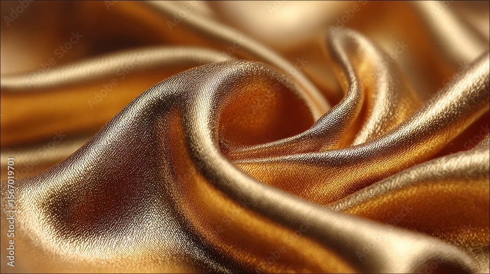 Poster Glistening gold satin fabric draped elegantly with soft, smooth folds creates a luxurious and captivating texture