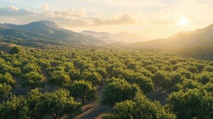 An aerial beautifully crafted view of a lush betal plantation with sunlight filtering through the leaves