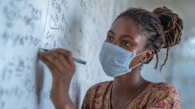 Portrait of african girl wearing face mask and writing solution of sums on white board at school. Black schoolgirl solving addition sum on white board during Covid-19 pandemic. School child thinking.