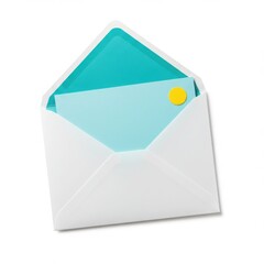 Open white envelope with turquoise interior revealing a light blue card with a yellow circle sticker