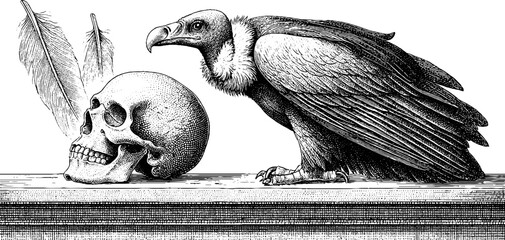 Vintage vulture and skull sketch on ruined beam with feathers