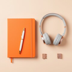 Flat lay of an orange notebook with a white pen and grey headphones with rose gold accents on a beige background