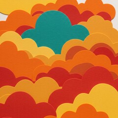 Abstract layered paper clouds in warm sunset colors with one distinct teal cloud standing out