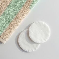 Soft cotton pads and a striped terry cloth towel laid on a clean white surface with soft shadows