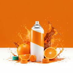 Aerosol spray can with orange slices and splashing juice on a vibrant orange background