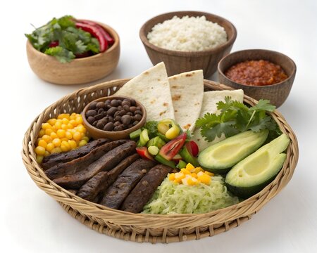 Chipotle Steak Bowl on Plate with Spicy Sauce Cup and White Background