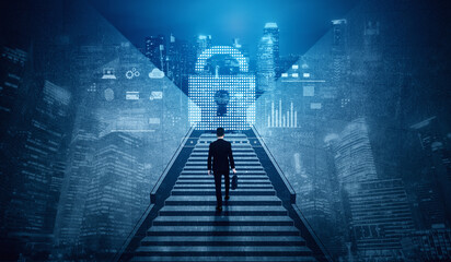 Cybersecurity protection system showing password encryption, fingerprint ID, cloud security, email,...