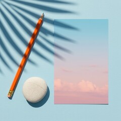 Overhead view of a bright orange pencil and smooth pebble casting shadows on a pastel blue surface
