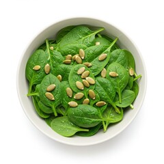Fresh green spinach leaves with pumpkin seeds and water droplets in a white bowl overhead shot