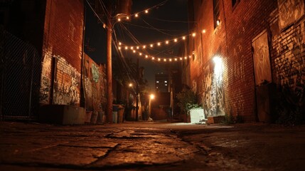 An alley at night, in Brooklyn, New York., no logos, no brands