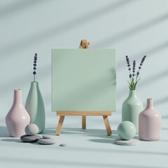 Minimalist still life arrangement with pastel vases lavender flowers smooth stones and a blank canvas on an easel