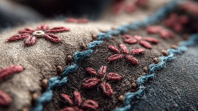 Close up of red floral embroidery on tan fabric with blue leaves and brown stems - Powered by Adobe