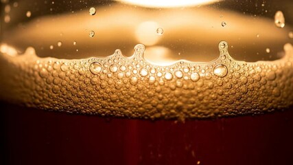 Close-up of Bubbling Amber Liquid with Foam and Droplets in a Glass - Powered by Adobe