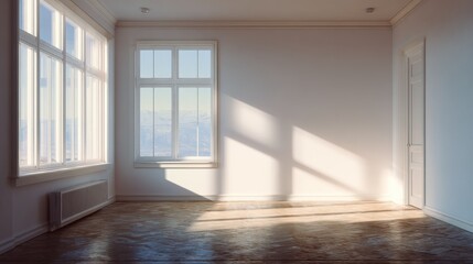 Window filling an empty apartment room with natural lighting. Residential interior design composition with copy space for an ad.