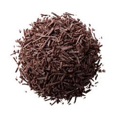Obraz premium Close-up shot of chocolate shavings. The fine, dark pieces are scattered, showing texture
