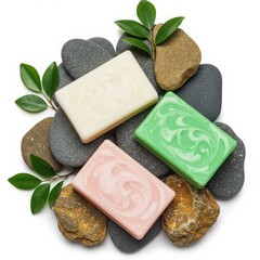 Three colorful artisanal soaps resting on smooth river stones with fresh green leaves for a natural spa aesthetic