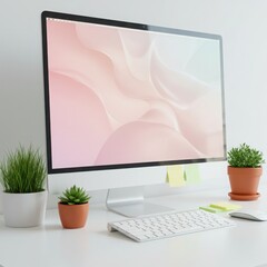 Modern minimalist desk setup with a sleek computer keyboard mouse and potted plants on a white surface