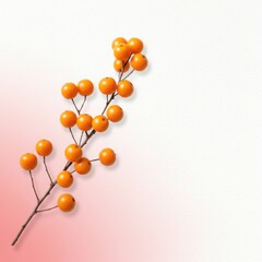A delicate branch with bright orange berries rests against a soft white and pink gradient background