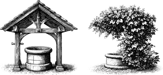 Vintage wishing well and ivy with coin ripple sketch for retro design