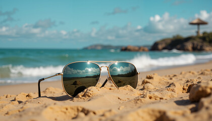 Sunglasses resting on golden sandy beach with soft ocean waves and clear blue sky in the background. Summer vacation, tropical travel, relaxation, and holiday concept