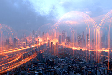 Futuristic Cityscape, Technological Advancements, Urban Environment, Digital Art, Night View, Innovation Concept