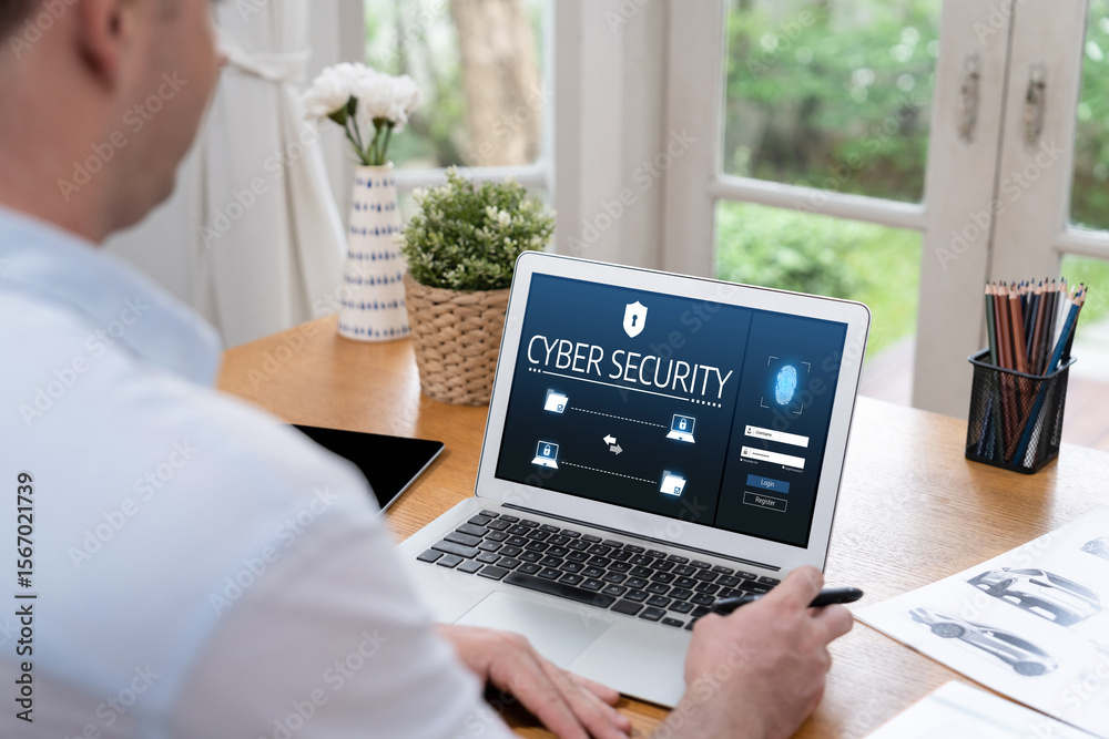Aufkleber cyber security system on computer screen protect private information brisk from hacker and cyber att
