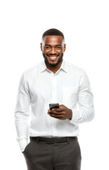 Engaging business professional using smartphone portrait isolated on transparent background