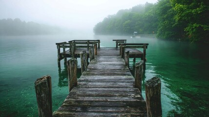 Wooden Dock Extending Into Misty Green Lake