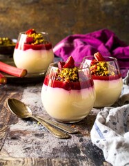 Rhubarb compote with cardamom custard and pistachio crackle.