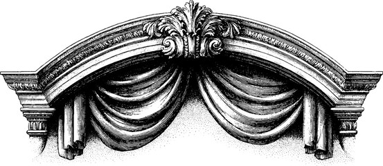 Vintage baroque theatre scene with velvet curtain drawn open for elegant design