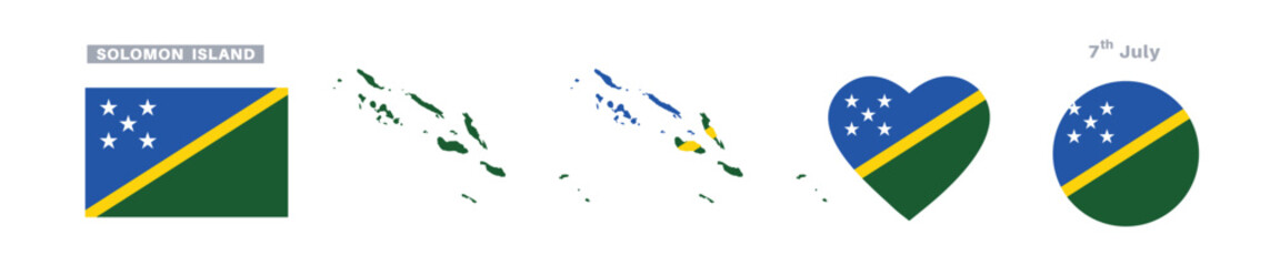 solomon island flag and map set. solomon island flag in official colors and proportions. independence day 7 july, map, circle and heart shaped solomon island