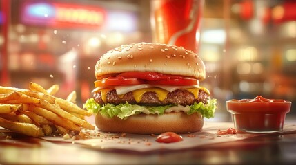 An artistic inspired depiction of image of a Zinger burger with a side of fries and sauces