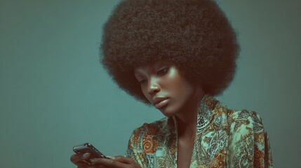 Young afro woman holding phone. Generative AI image